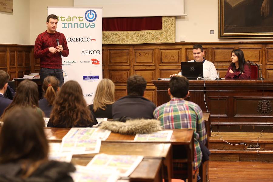 Medio centenar de estudiantes asturianos se han clasificado para la gran final de STARTinnova, el programa de fomento de la cultura emprendedora que promueve EL COMERCIO. Organizados en cinco equipos, han presentado sus proyectos ante un jurado de expertos en el Aula Magna del Edificio Histórico de la Universidad de Oviedo.