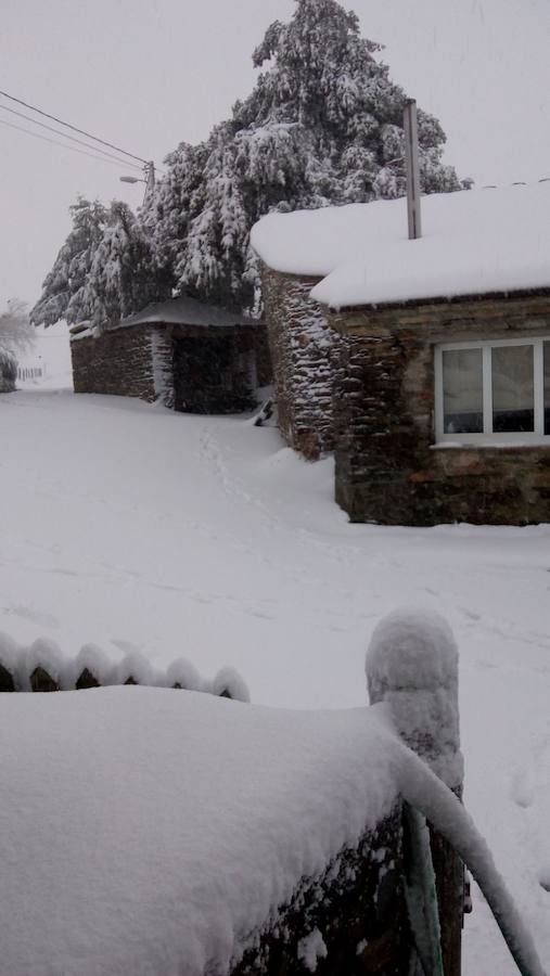 A pocas horas para la llegada de la primavera, gran parte de Asturias está cubierta por un manto blanco. La nieve complica la circulación en muchas carreteras. Incluso en la autopista del Huerna, que ha estado cerrada a camiones durante varias horas.