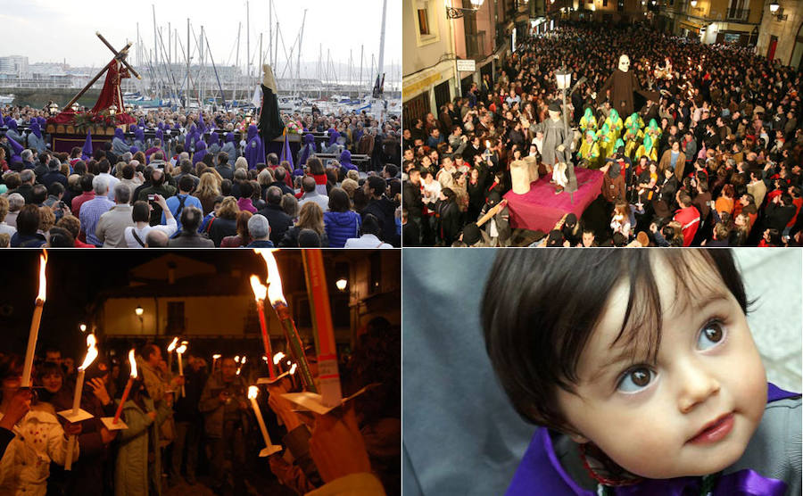 Arriba, a la izquierda, procesión del Encuentro Camino del Calvario en Gijón; a la derecha y abajo a la izquierda, dos momentos de la procesión del Entierro de Genarín en León; a la derecha, Valeria, de dos años, la hermana más joven de la Hermandad de la Santa Vera Cruz, la más antigua de Gijón.