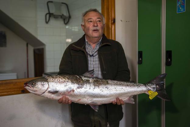 Juan Antonio Menéndez, 'el Sastrín', posa con el campanu de los ríos asturianos en el precinto parragués de Portazgo. 