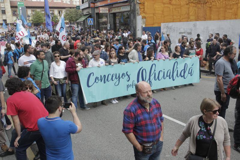La concentración, celebrada en Oviedo, ha sido apoyada por miles de personas que a grito de «asturianu, llingua oficial» reclaman que la oficialidad sea una realidad 
