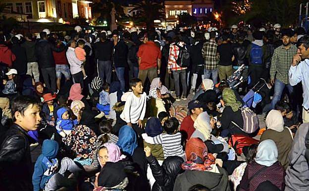Manifestación de refugiados en Lesbos.