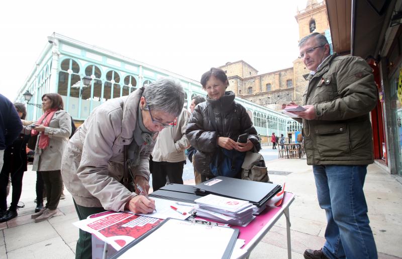 Miembros de los sindicatos UGT y CC OO han recogido firmas en el centro de Oviedo en defensa del sistema público de pensiones.