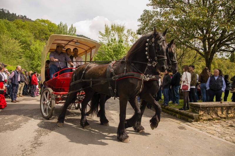 Infiesto ha vivido hoy uno de los días más especiales de su Feria de Abril con un desfile y una misa en el Santuario de la Virgen de la Cueva. Los vestidos de sevillana y los trajes de corto han puesto colores a una jornada en la que los caballos también han sido protagonistas. 