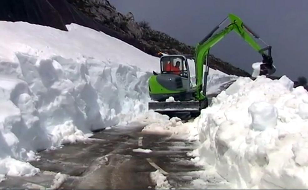 La pala retiró ayer la nieve de la zona, una labor para la que el Ayuntamiento de Riosa esperó a que hiciera buen tiempo. 