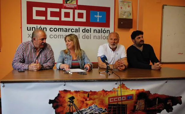 Sergio Vicente (CCOO Caudal), Esther Barbón (CC OO Nalón), Sergio Álvarez (UGT Caudal), Ángel García (UGT Nalón),
