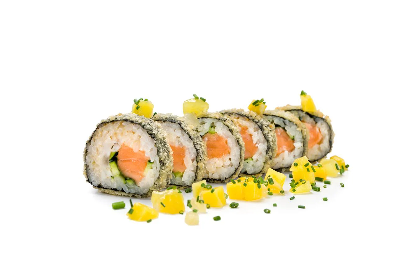 Maki panko de salmón y langostino con chutney de mango del restaurante  Go Sushi