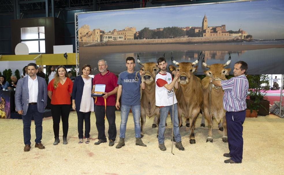 José Manuel Cardín recibe de la alcaldesa el premio al mejor lote de la raza Asturiana de los Valles. 