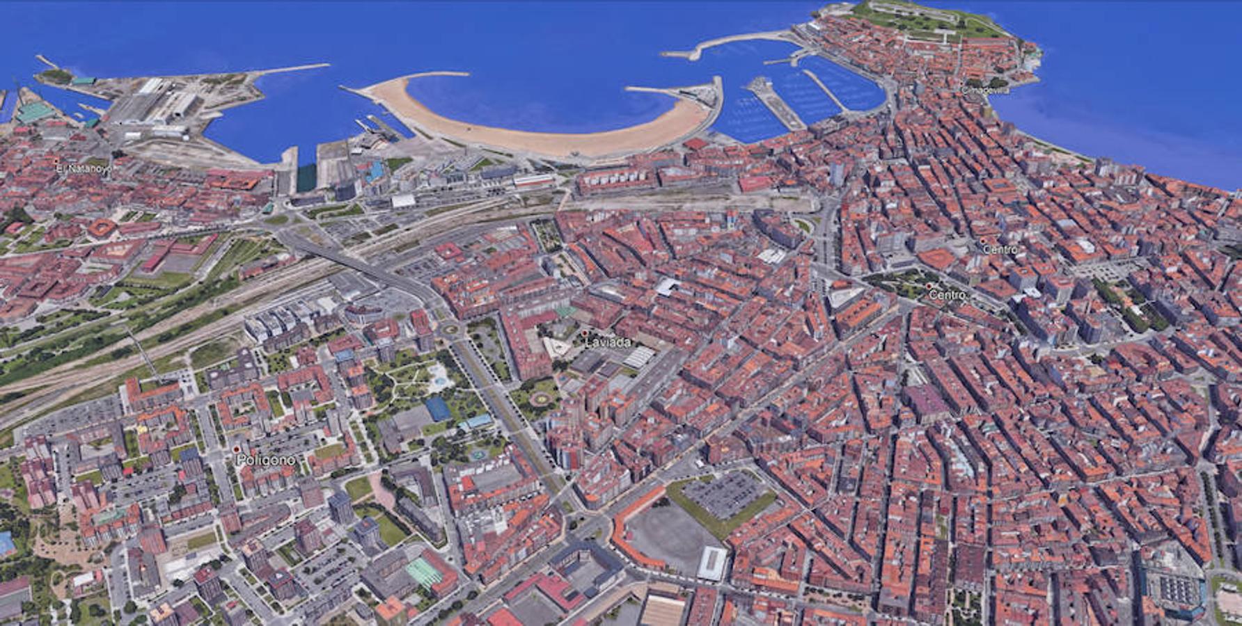 El centro de Gijón, si el nivel del mar sube 1 metro.