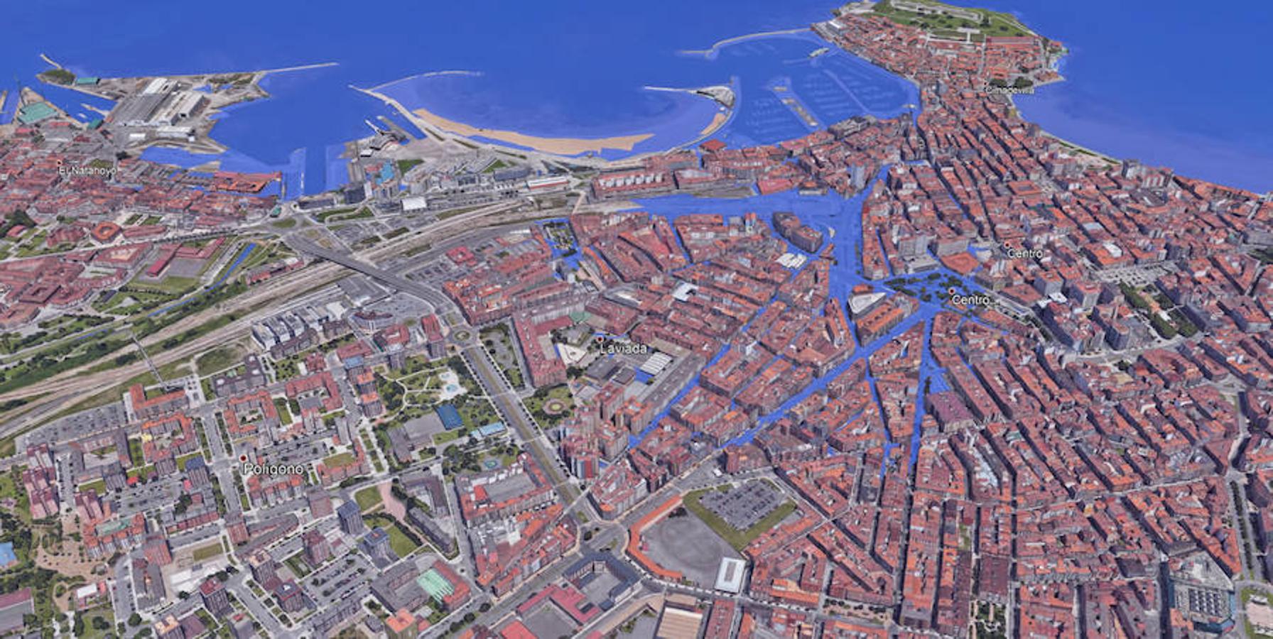 El cenro de Gijón, si el nivel del mar sube 3 metros.