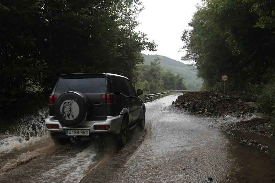 El desprendimiento del Oriente se produjo esta tarde en las inmediaciones de la gasolinera de Arenas y corta la AS-114 que une el concejo con Panes. En Grado, permanece cortada la AS-311