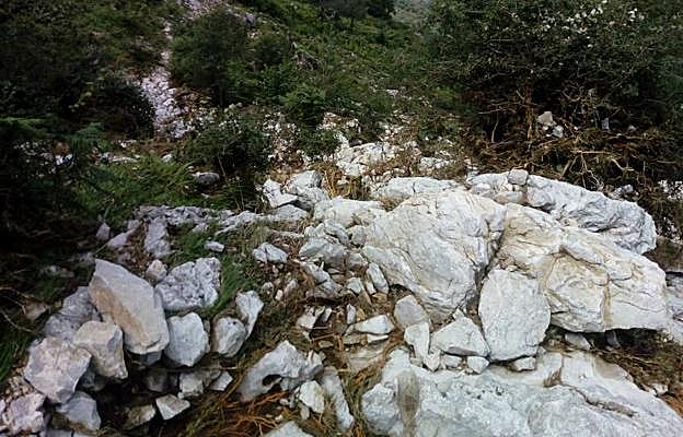 Piedras calizas de la calzada romana de Caoru levantadas por el impacto del argayo.