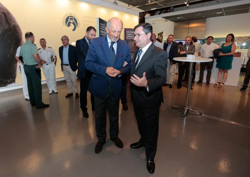 El presidente de la Fundación Oso de Asturias, Nicanor Fernández, y de la autoridad portuaria de Gijón, Laureano Lourido, han inaugurado la exposición 'Osos' en la Antigua Rula.