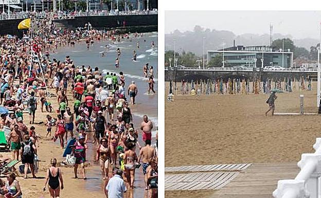 Bañistas en la playa de San Antolín, en Llanes. 