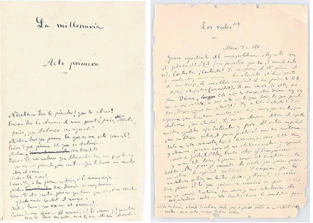 Dos de las más de setenta cuartillas manuscritas del escritor asturiano que Ansorena saca a subasta. 