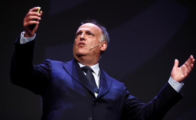 Javier Tebas durante su intervención en la III edición del World Football Summit