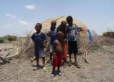 Imagen secundaria 1 - Arriba, mujeres y niños en un slum (barrio marginal) de Addis Abeba. Abajo a la izquierda, un grupo de niños posa ante una de las casas tradicionales afarís.. A la derecha, una mujer acude con sus hijos a por agua a uno de los puntos de suministro. Son cuatro grifos con agua potable que se emplea para consumo humano y también pàra regadío y alimento del ganado.