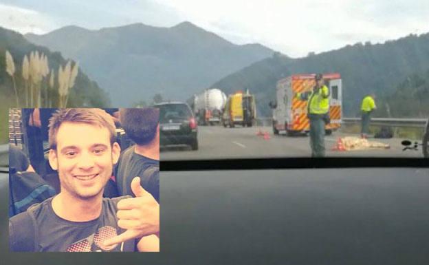 Lugar del siniestro, a la salida del túnel de la autovia minera entre Langreo y Mieres; abajo, a la izquierda, Sergio, siempre sonriente.