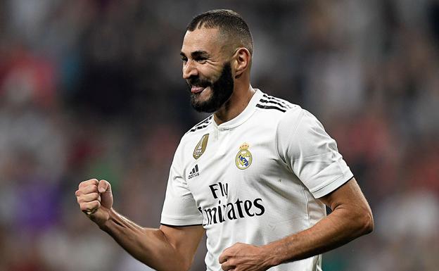 Karim Benzema celebra un gol ante el Leganés. 