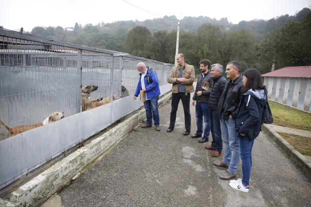 Los alcaldes de Caso, Langreo, San Martín, Sobrescobio y Morcín, ayer, en el albergue langreano. 