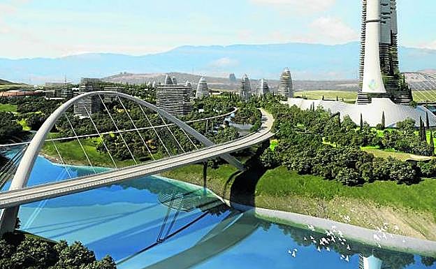 'Elysium City'. A la izquierda, un hombre contempla el embalse donde se planea hacer una marina; a la derecha, recreación del megaparque. 