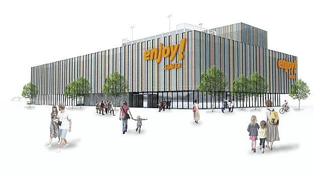 Infografía del aspecto que tendrá el futuro centro deportivo, de cuatro plantas y con pistas de pádel en la cubierta. 