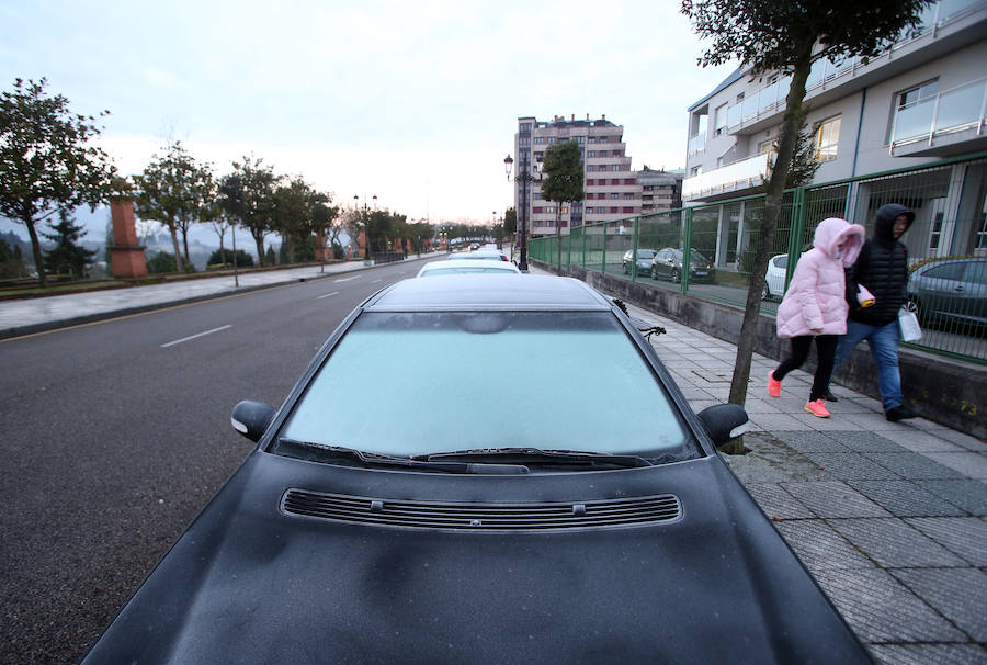Cubierta por el manto blanco de una fuerte helada y con temperaturas de hasta seis grados bajo cero. Así ha amanecido Asturias este viernes.