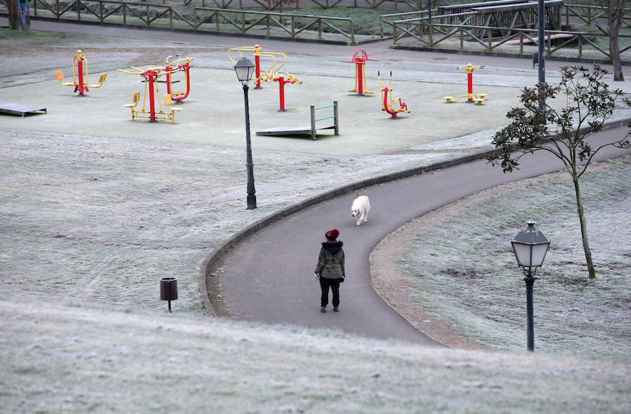 Cubierta por el manto blanco de una fuerte helada y con temperaturas de hasta seis grados bajo cero. Así ha amanecido Asturias este viernes.