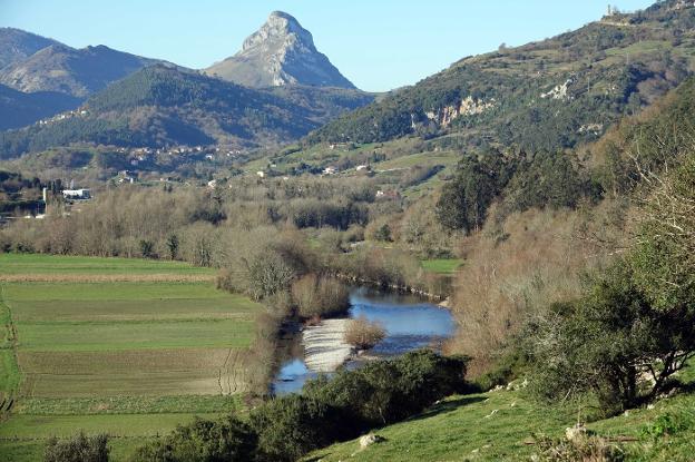 El río, a su paso por Peñamellera Baja, con el Pico Peñamellera al fondo. 