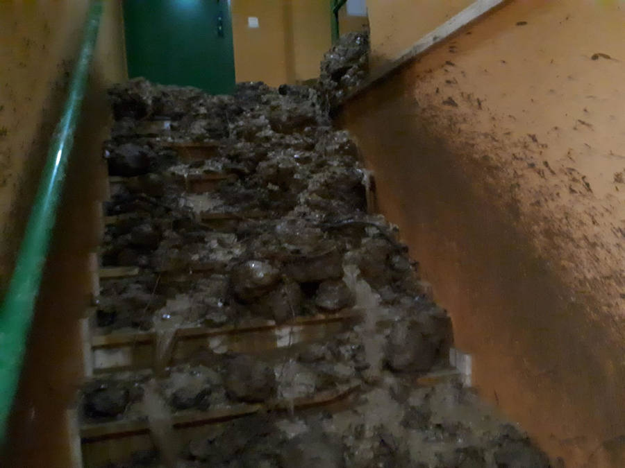 Ocho viviendas de un edificio de la calle Oñón de Mieres han sido desalojadas tras un desprendimiento de lodo y árboles que ha caído sobre el inmueble. Se cree que al menos tres pisos han sufrido daños significativos. 