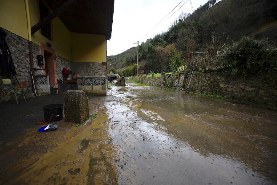 El río Trubia está desbordado en varios puntos, las alcantarillas anegadas y los portales de planta baja del grupo Coronel Baeza cubiertos de agua. Son algunas de las incidencias. 