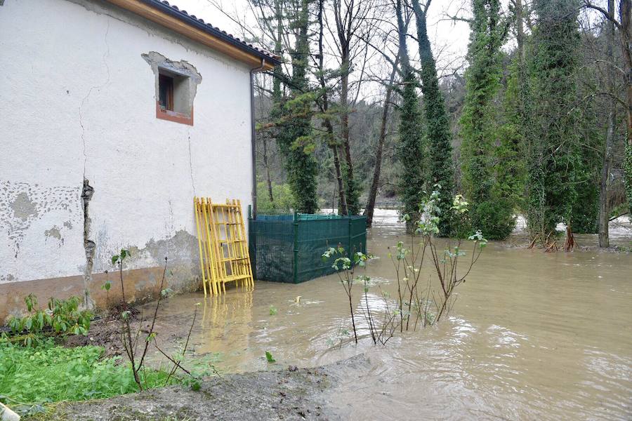 El río Trubia está desbordado en varios puntos, las alcantarillas anegadas y los portales de planta baja del grupo Coronel Baeza cubiertos de agua. Son algunas de las incidencias. 