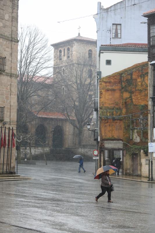 La ventosa jornada ha dejado papeleras y carteles caídos y un carretera cortada por un árbol en Naveces