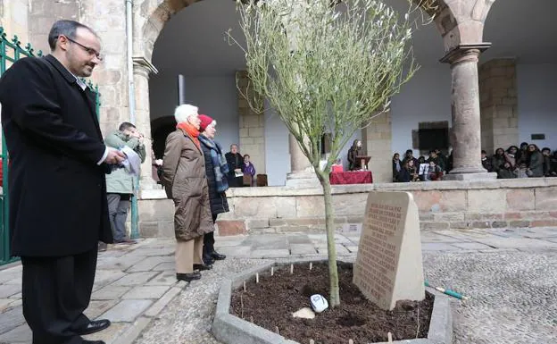 El párroco Alfonso López junto a las dos representantes de la comunidad judía frente al olivo, en el claustro de San Nicolás de Bari. 