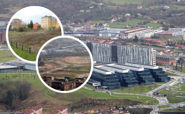 El nuevo HUCA (fotografía 2019) y las obras de Prado de la Vega y Abastos (2009) en Oviedo.