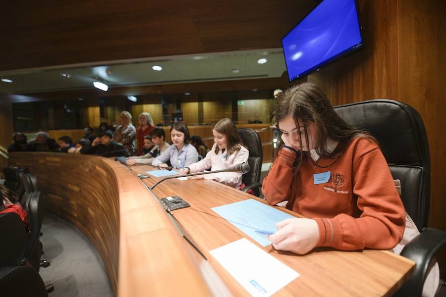 Sesenta alumnos Educación Infantil y Primaria de los colegios Lorenzo Novo Mier y Veneranda Manzano de Oviedo han participado en un Pleno en la Junta General en el que han reflexionado sobre la igualdad. La iniciativa forma parte del programa 'Abraza tus valores' de Aldeas Infantiles SOS.