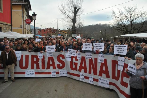 Decenas de ganaderos se manifestaron ayer al mediodía en durante la feria de Corao. 