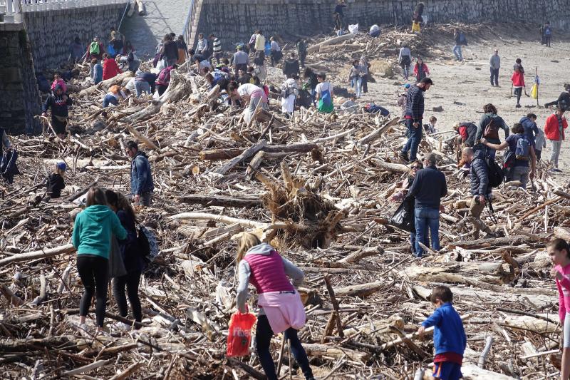 Más de 150 personas han respondido a la convocatoria de Greenpeace Asturias para limpiar de plásticos la playa riosellana de Santa Marina. Tras dos horas de trabajo lograron retirar casi dos toneladas de residuos.