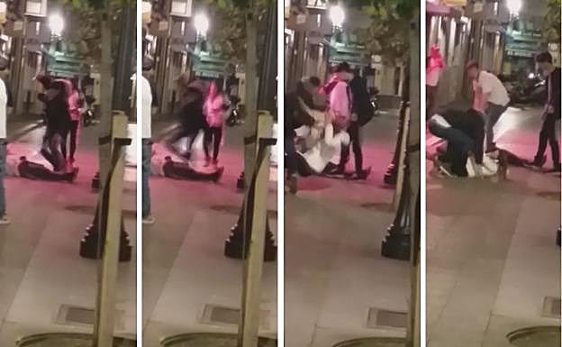 La secuencia de la agresión. En las dos imágenes de la izquierda, el atacante agrede a una de las víctimas. A la derecha, la mujer que la acompaña intenta frenarle. 