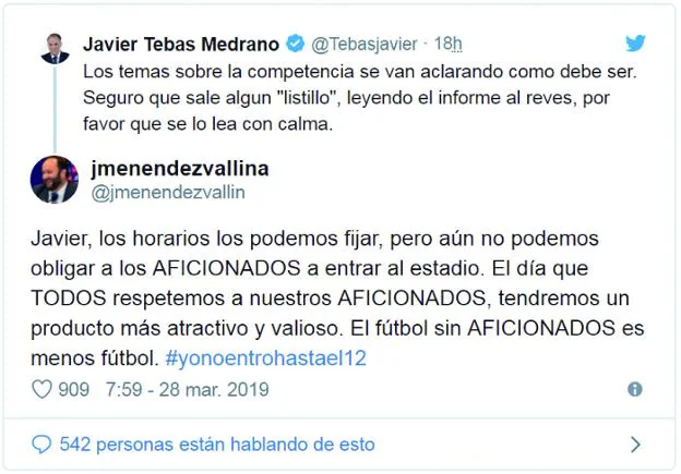 La respuesta del presidente oviedista. Menéndez Vallina indicó a Tebas que el respeto al aficionado beneficia al fútbol.