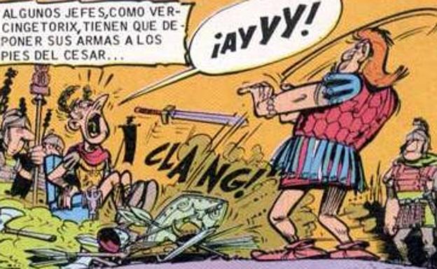 Una viñeta de Astérix en referencia a la rendición de Vercingétorix. 