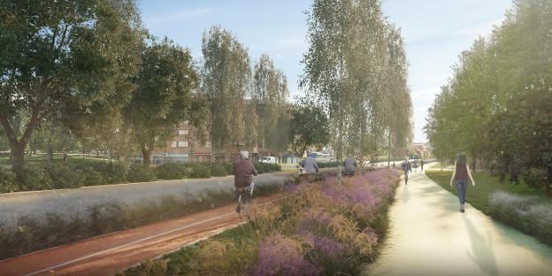 Representación de un tramo de carril bici segregado del tráfico rodado y peatonal según el diseño del Bulevar de Santullano. 