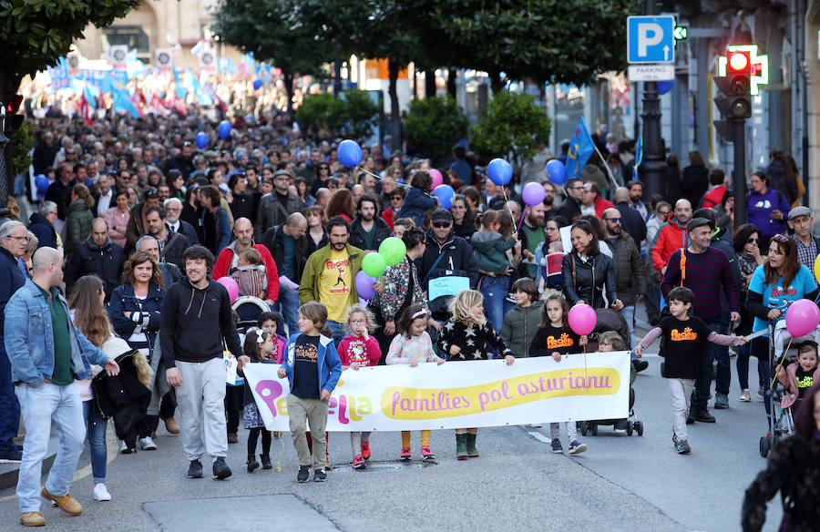 Más de 2.000 personas, según las estimaciones de la Policía Nacional, y 5.000 según los organizadores, se han movilizado este viernes en Oviedo para reivindicar la oficialidad del asturiano. Tras la movilización, el Teatro Campoamor acogió el acto central del Día de les Lletres.