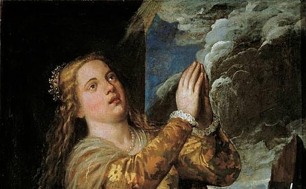 Imagen principal - 1. 'Santa Catalina de Alejandría', óleo de Tiziano de 1560 en depósito en el Museo de Bellas Artes. | 2. 'Asturias o arando la tierra', obra del asturiano Ventura Álvarez Sala del año 1910, que se halla en Oviedo en el Bellas Artes. | 3. 'Cristo presentado al pueblo', obra anónima del siglo XVII que es la única del Prado en depósito en la Universidad de Oviedo.