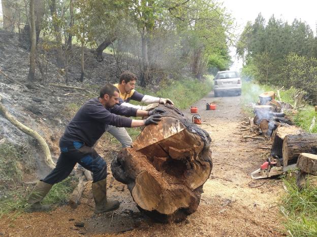 Mariano Gómez y José Manuel García retiran un árbol quemado que había bloqueado la carretera de acceso a Prahúa. 