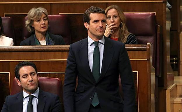 -El presidente del Partido Popular, Pablo Casado, jura su cargo en el Congreso.