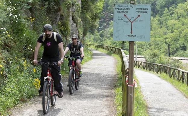 Cicloturistas circulando por la Senda del Oso esta misma semana, en las cercanías de los lugares donde ocurriendo los accidentes. 