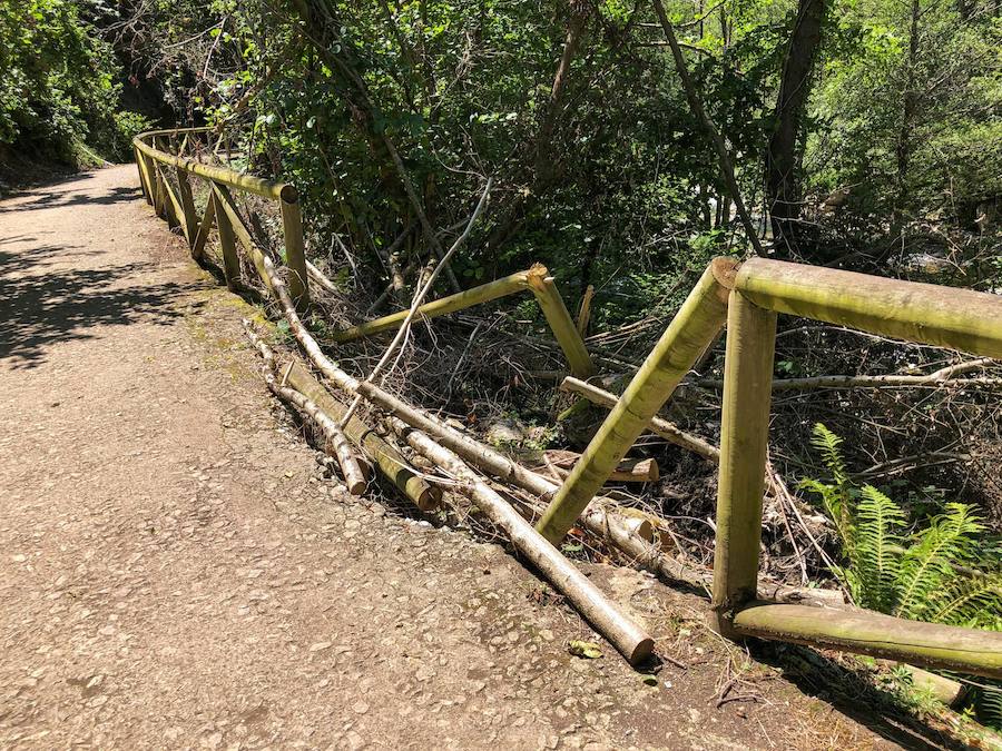 A pesar de la anuncianda «intervención de urgencia» en la Senda del Oso, tras los dos accidentes de mayo, uno de ellos mortal, la ruta aún permanece con desperfectos. Tal y como EL COMERCIO pudo comprobar este fin de semana, en el tramo de Proaza a Teverga, en menos de tres kilómetros, se pueden encontrar más de diez puntos con vallas rotas, con y sin señalización del peligro que ellos conlleva. 