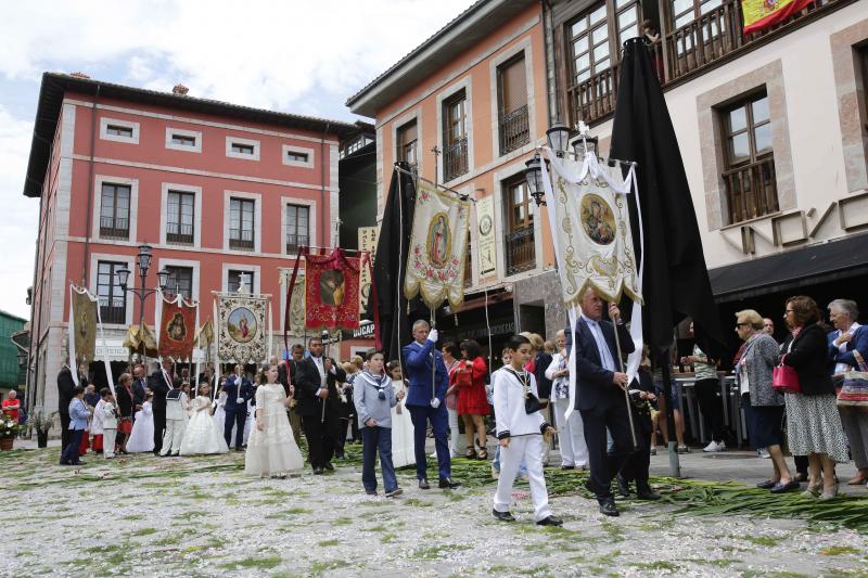 Despliegue de color y creatividad en las fiestas del Corpus de Llanes. Un año más, los vecinos han diseñado las afamadas alfombras florales sobre las que han procesionado los niños y niñas que hoy han celebrado su Primera Comunión. 