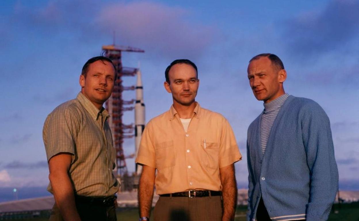 Armstrong, Collins y Aldrin, ante el 'Apollo 11'. 